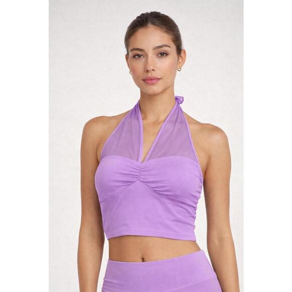 Halara Tops - NWT Halara Purple Mesh Halter Bandeau Crop Top Ruched Front Size XL